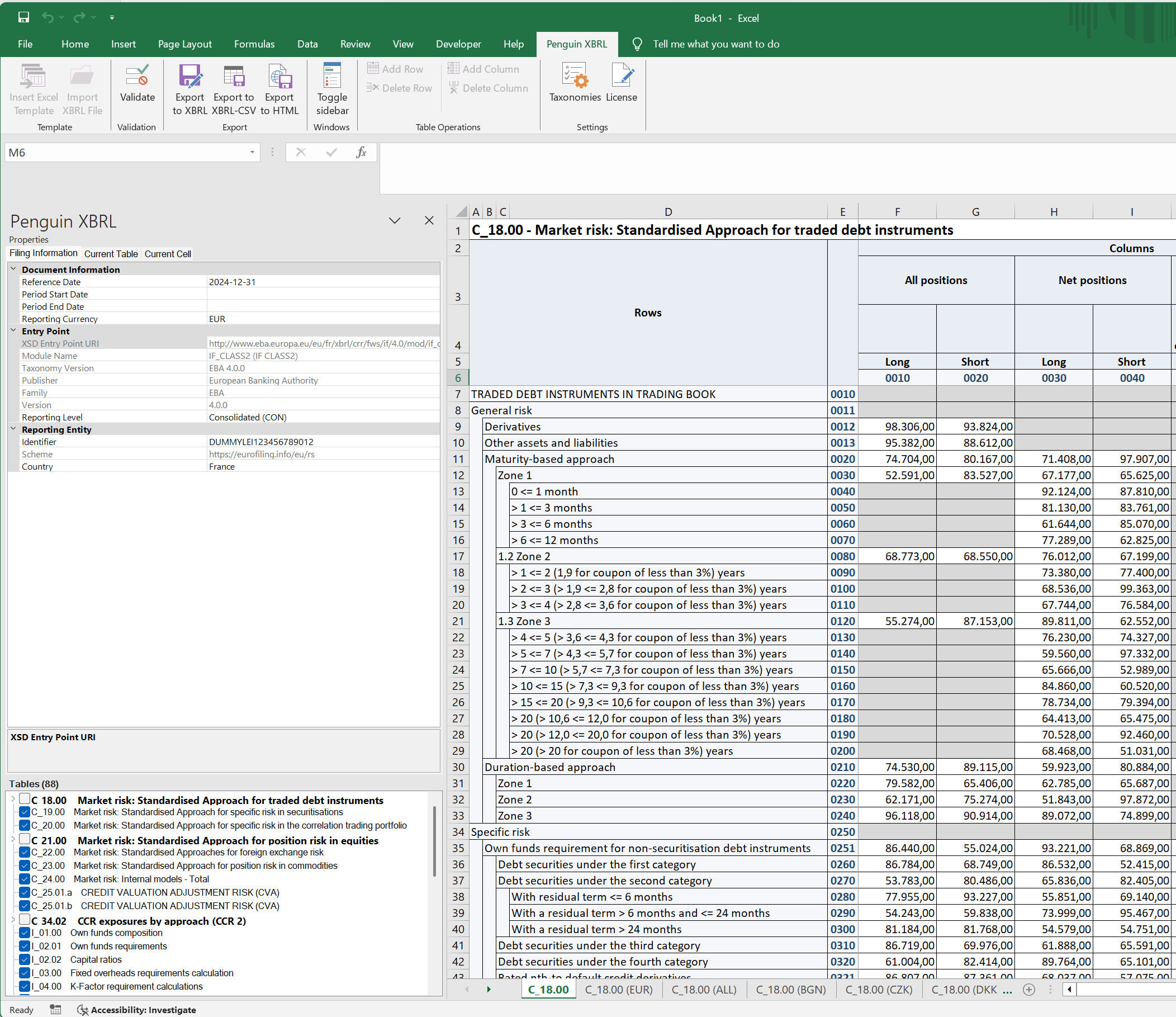 PenguinXBRL add-in open in Excel with an EBA reporting workbook