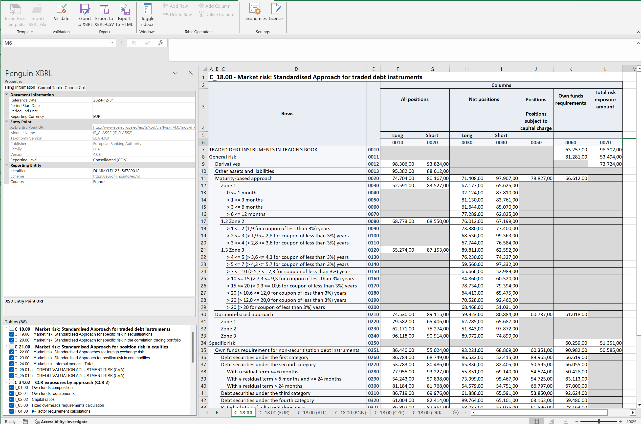PenguinXBRL Excel ribbon and completed reporting workbook ready for export
