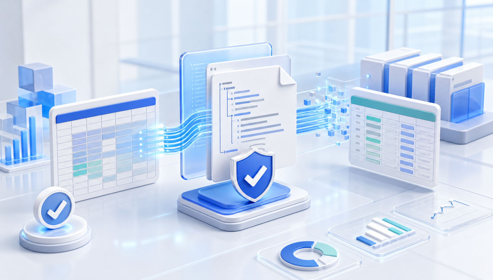 Illustration of regulatory reporting data flowing through validation dashboards and XBRL package tiles