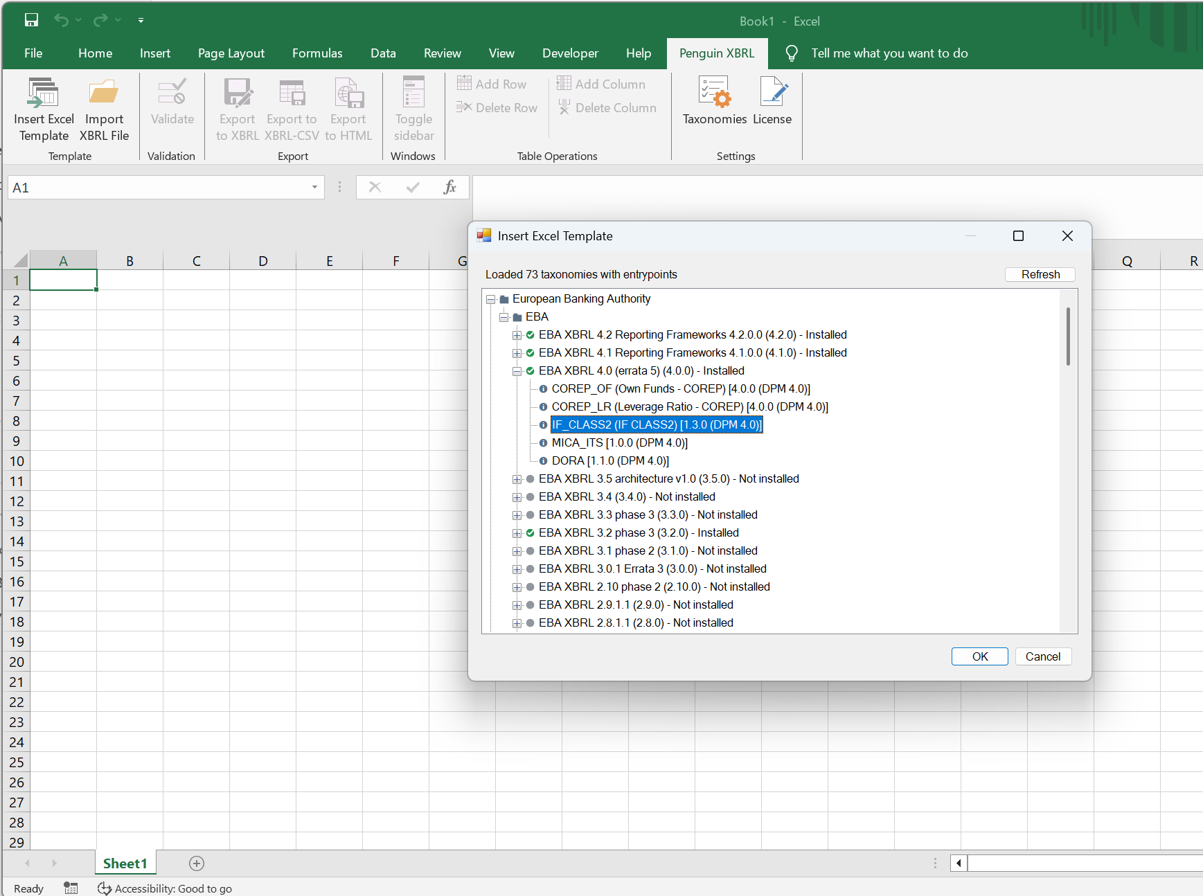 PenguinXBRL entrypoint selector showing installed EBA taxonomy packages