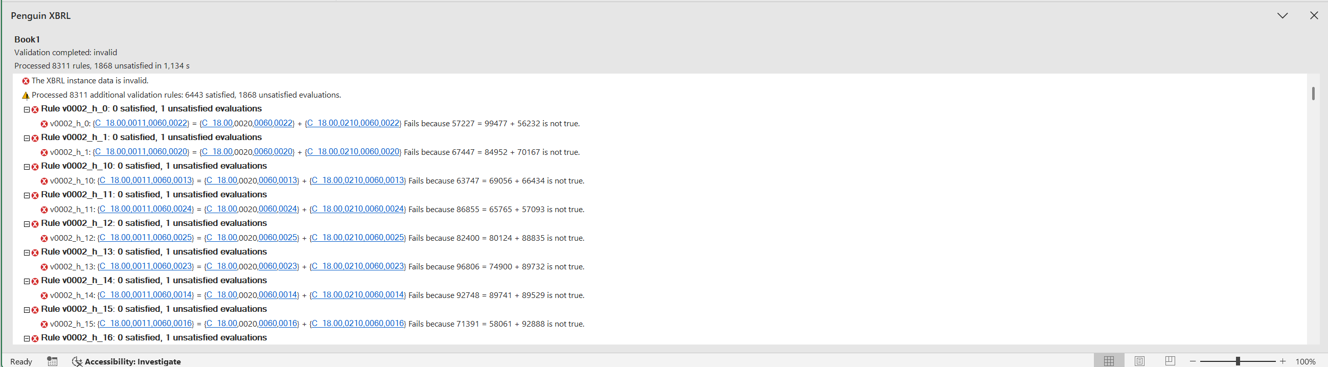 PenguinXBRL validation pane showing linked formula diagnostics